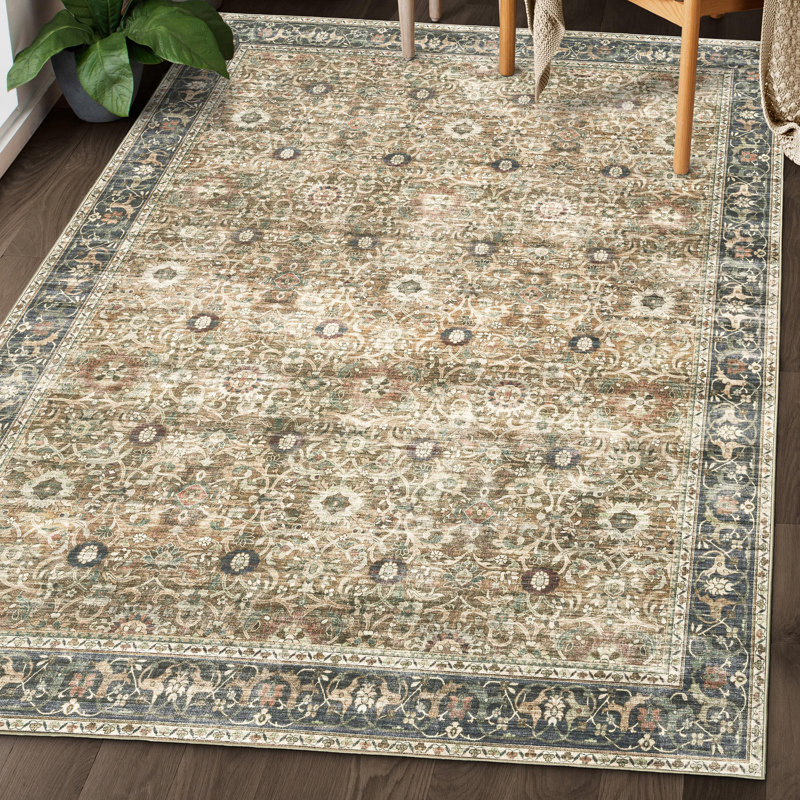 Myshawn Dua Distressed Border Brown Gray Beige Machine Washable Area Rug, Rectangle 2' x 3'