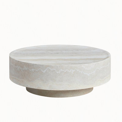 Round Coffee Table with Natural Stone Texture, Integrated Drum Shape, Matte Finish, Modern Minimalist