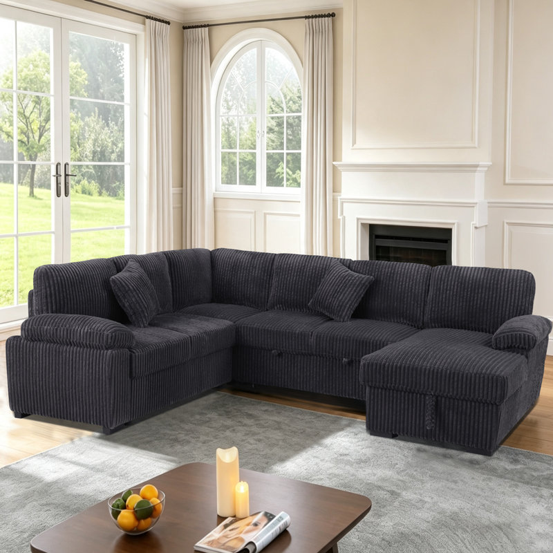 Canapé-lit d'angle modulaire en forme de U de 92 pouces avec rangement, chenille
