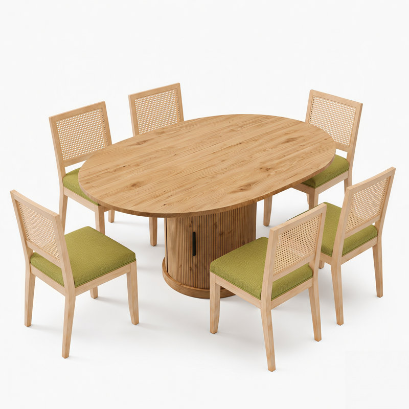 Ensemble de table et de chaises de salle à manger extensibles, de style moderne et organique, avec rangement et chaises en rotin massif.