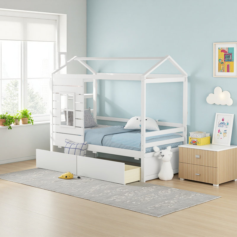 Lit simple en bois avec deux tiroirs