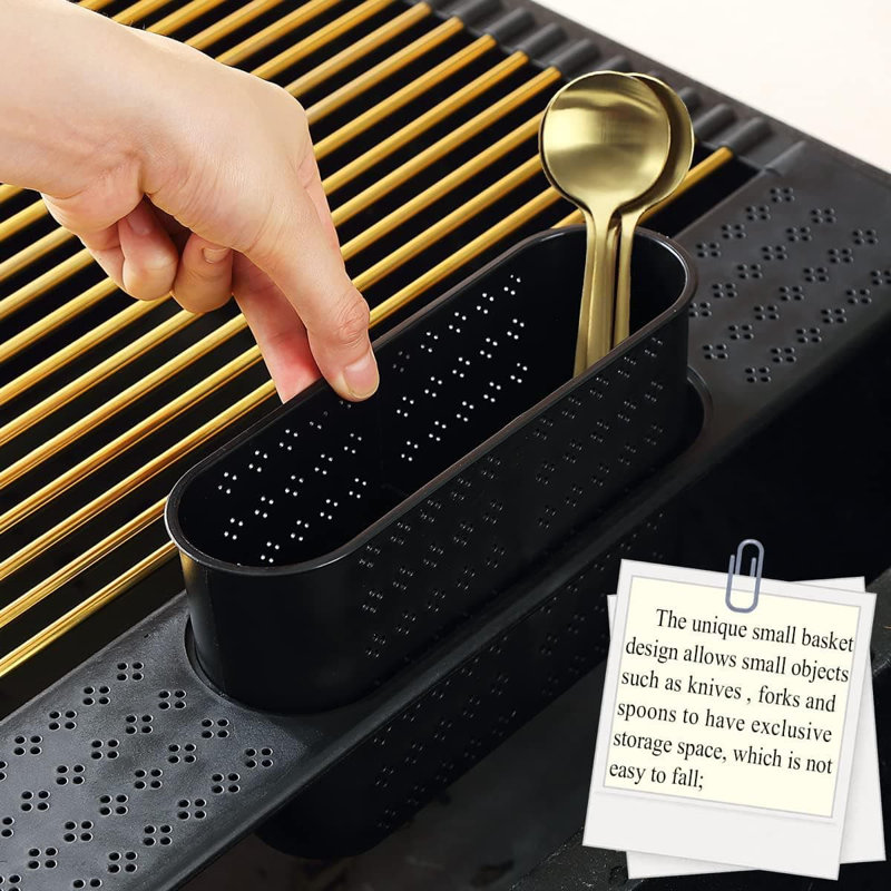Over-Sink Dish Drying Rack | 17.5"×15" Rollable Stainless Steel | Removable Basket | Kitchen Sink Organizer, Black/Gold