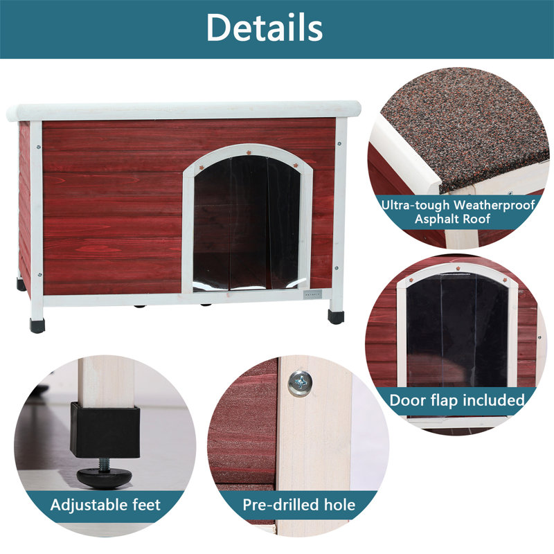 Grande niche pour chien d'extérieur en bois, H 27,5 po x l 41 po x P 26 po, Rouge