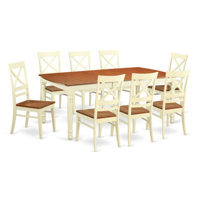 Cet ensemble de salle à manger 9 pièces comprend une table de salle à manger rectangulaire avec rallonge papillon et 8 chaises de cuisine, 42 po x 78 po, babeurre et cerise