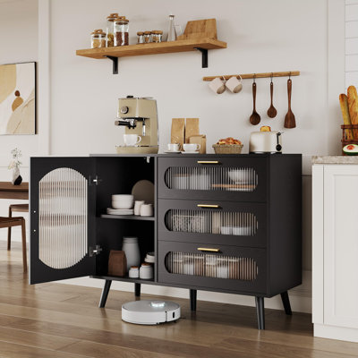  Buffet Buffet contemporain noir - 3 tiroirs et porte en verre cannelé - Rangement pour salle à manger, cuisine, salon - Couleur: noir