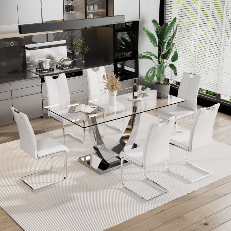 Ensemble de salle à manger 7 pièces, Argent, Blanc / argent
