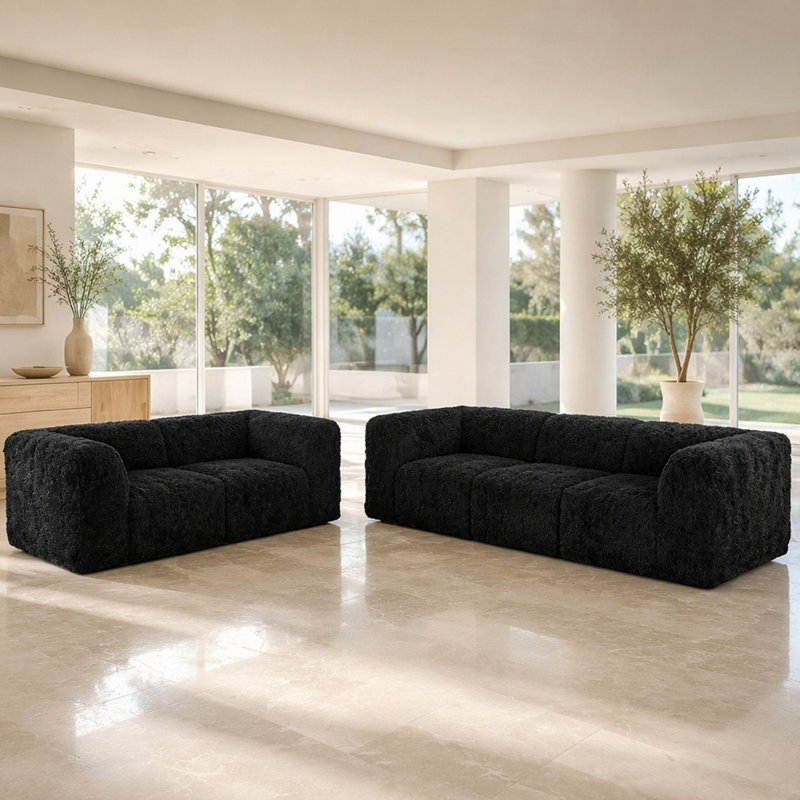 Canapé modulaire de couleur noire en fausse fourrure et mousse de haute densité
