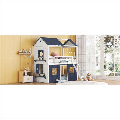 Structure de lit superposé, conception de maisonnette pour chambre d'enfant, lit simple en bois massif avec finition blanche et détails de tente intégrés
