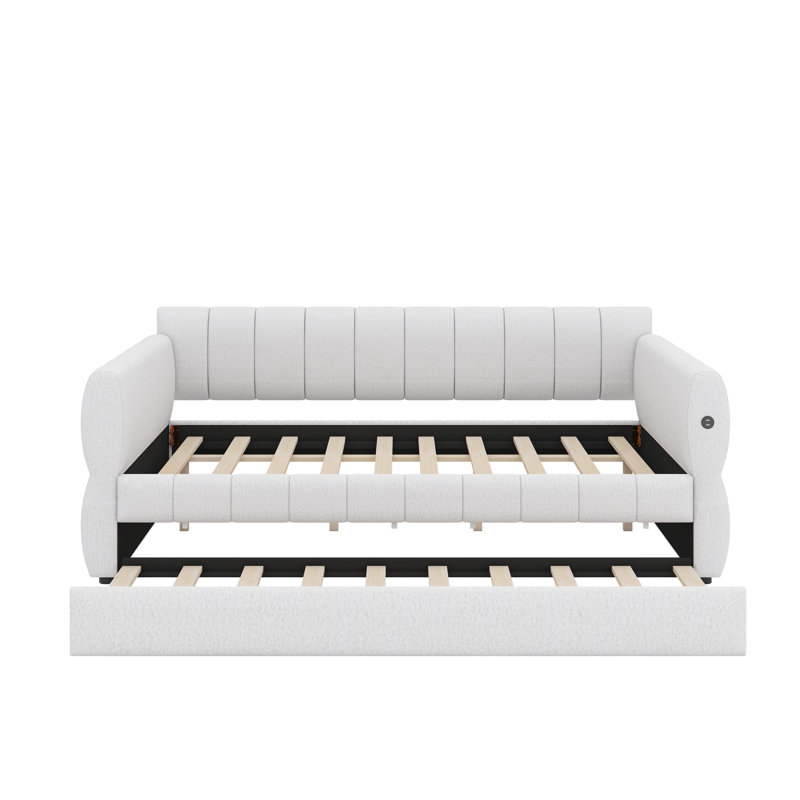 Structure de lit plateforme tapissier avec ports USB et lit gigogne, structure de lit de jour avec accoudoirs et lattes en bois