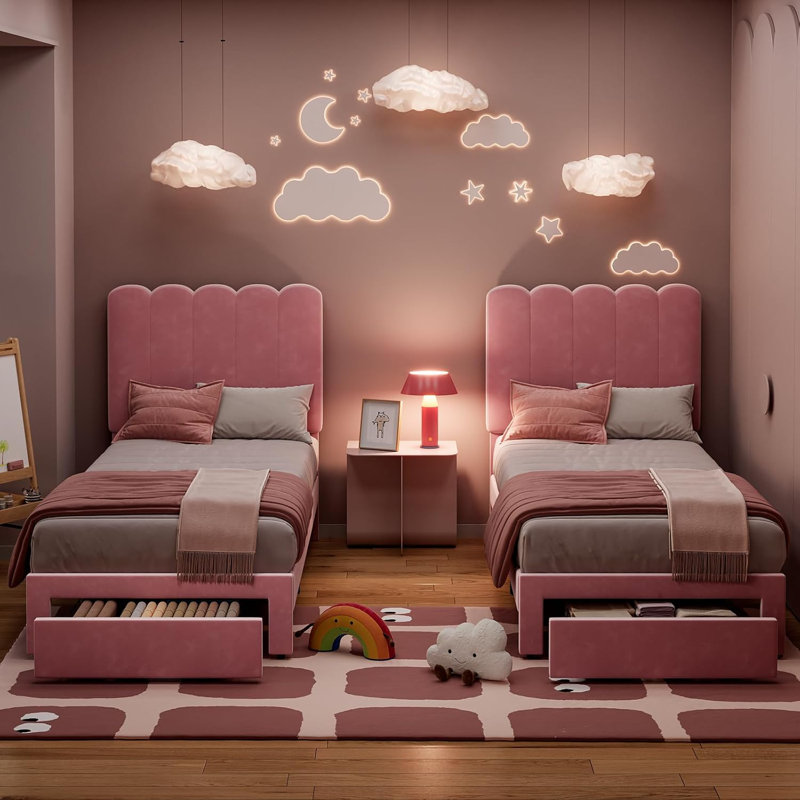 Twin Upholstered Platform Bed with Wave Headboard and Storage Drawer, Velvet Pink Bed Frame with Wooden Slats, No Box Spring Needed, Set of 2