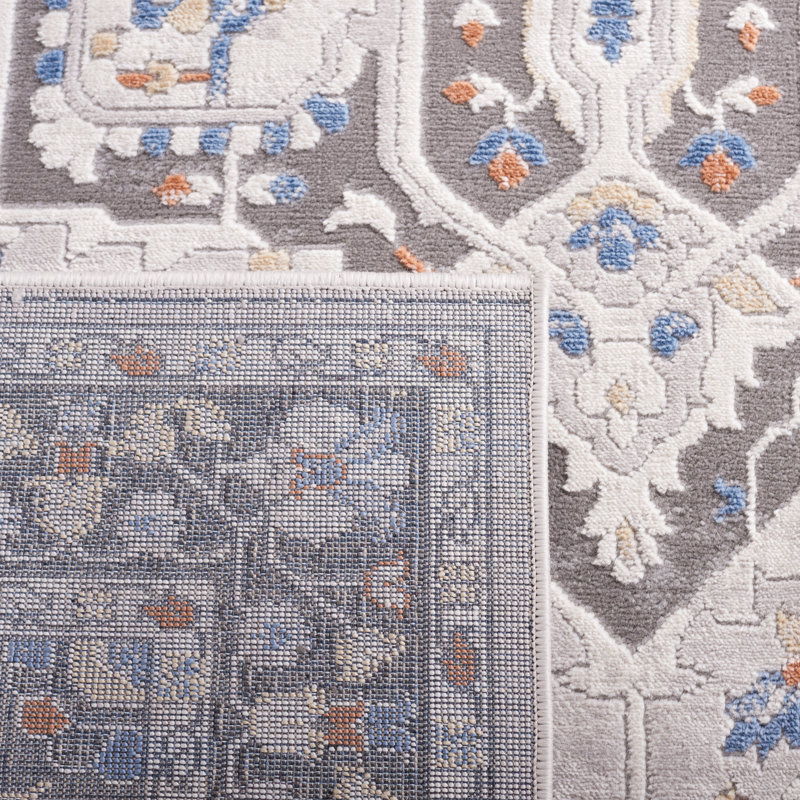 Tapis oriental en polypropylène / polyester tissé à la machine en gris / bleu, Tapis de couloir 2 pi 2 po x 8 pi