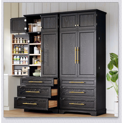 Armoire de cuisine de campagne de 78,2 pouces de hauteur avec 8 tablettes de porte, 3 tablettes réglables et 3 grands tiroirs pour un rangement polyvalent, noir cendré
