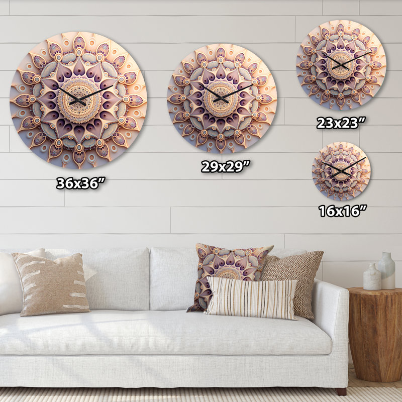 Horloge murale Ethereal Fractal Mandal en mauve et jaune I - Boho Mandala, Petit