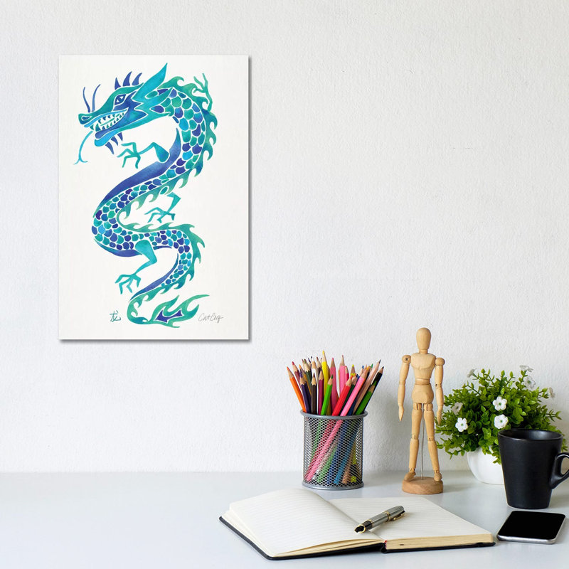 Dragon chinois bleu par Cat Coquillette - peinture sur toile tendue, H 12 po x l 8 po x P 0,75 po