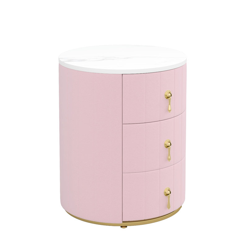 Table de chevet ronde, table de chevet rembourrée rose à 3 tiroirs, poignées en métal doré et plateau autocollant imperméable, table de chevet à installation rapide, table élégante