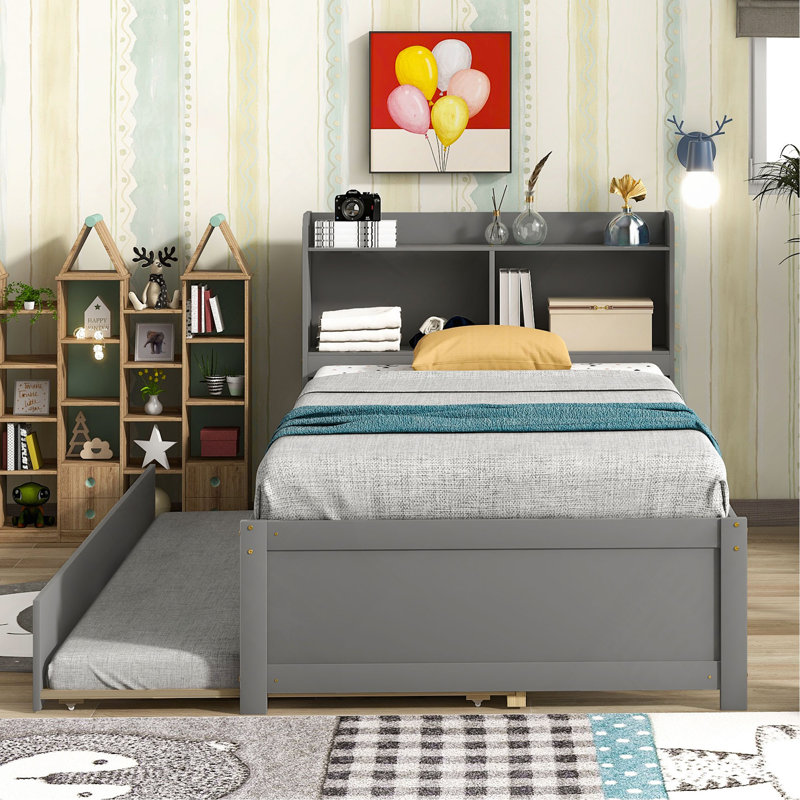 Bed With Trundle,Bookcase, Gray, Twin