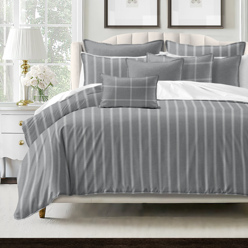 Shay Broad Ticking Stripe Gray Cotton Duvet Cover Set  8 Piece, Twin Duvet Cover + 7 Additional Pieces