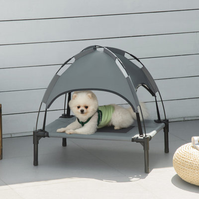 Lit surélevé pour chien avec auvent, 24 po gris - tissu respirant, métal, portatif pour structure de lit à baldaquin pour animaux de compagnie de taille moyenne, idéal pour les chiens de moins de 22 lb