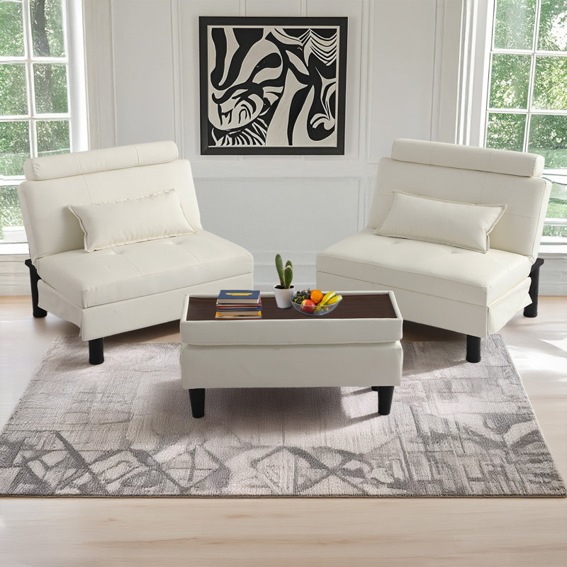 Canapé-lit convertible inclinable rembourré avec repose-pieds polyvalent et 2 coussins moelleux, Beige
