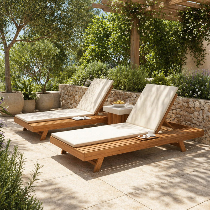 (Set Of 1 Chaise)   Lounge Chaise With Headrest, Acacia Wood, Cream