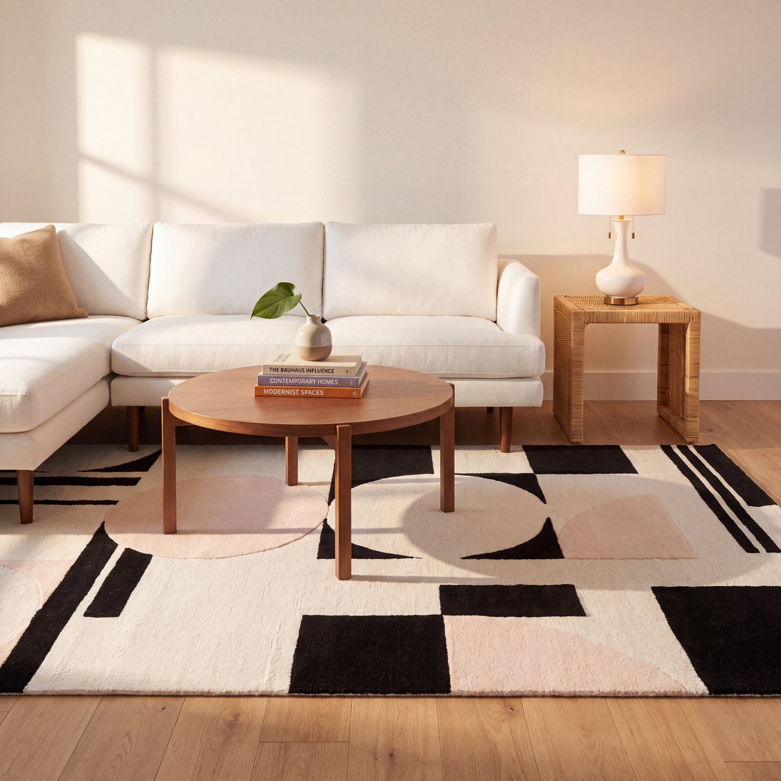 Felipe Blush Black Hand-Woven Wool Geometric Rug, Rectangle 4' x 6'