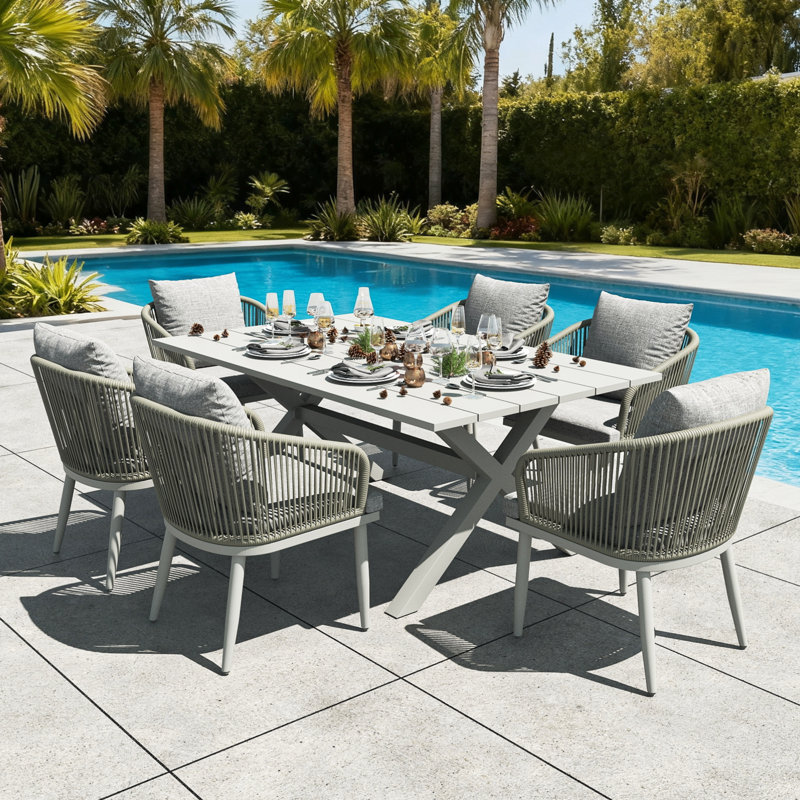 Patio Dining Armchair with Cushion, Light Grey, 6, White