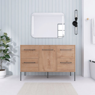 Base de meuble-lavabo autoportant avec portes et tiroirs à fermeture en douceur, imitation chêne