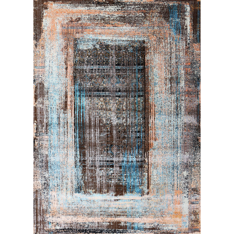 Tapis brun et multicolore de haute qualité noué à la main, Rectangle 9 pi x 12 pi