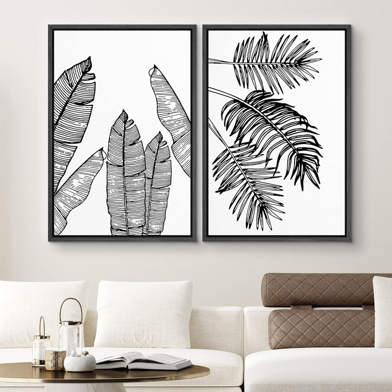 Banane et feuille de palmier, illustrations de plantes florales, art moderne panoramique, noir et blanc, H 36 po x l 24 po