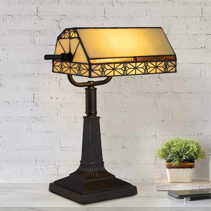 Vintage Mission-Style Bankers Lamp With Stained Glass Shade And Led Light For Desk Or Table