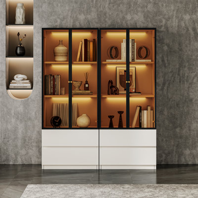Crafton Modern 62.9'' Tall Two-piece Set China Cabinet Lighted Dining Shelf, Wooden 3-tier Curio Display Storage Hutch With Tempered Glass Doors And Drawers And Wireless Led Light For Kitchen Living Room Bedroom Study