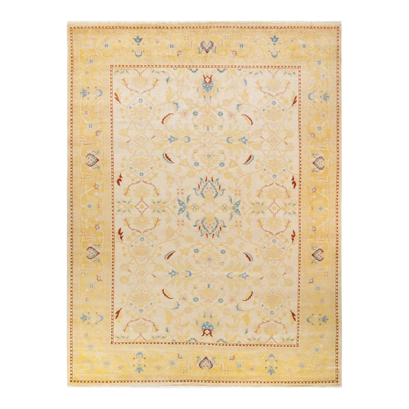 Tapis unique noué à la main Eclectic - ivoire / jaune, 9 pi 1 po x 12 pi 4 po