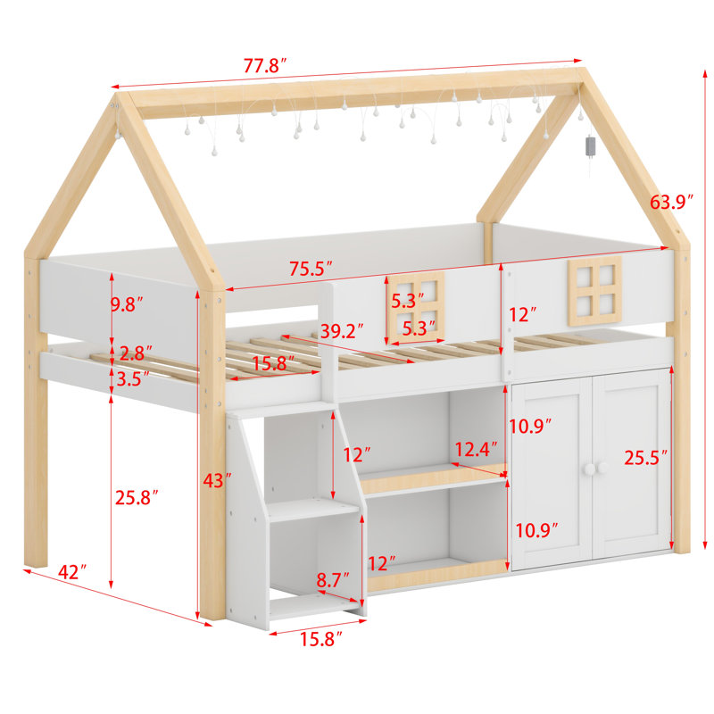 Structure moderne à mezzanine basse avec escalier de sécurité, armoires à compartiments multiples, bandes à DEL dynamiques