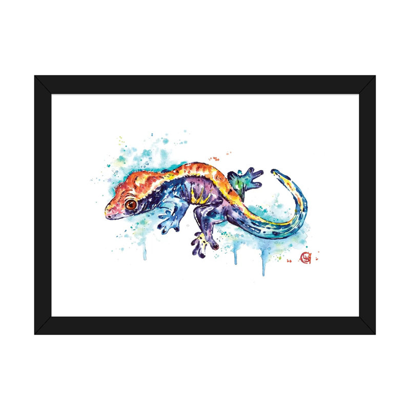 «Gecko» par Lisa Whitehouse - impression d'art graphique, H 24 po x l 32 po x P 1 po, Papier encadré noir, Blanc