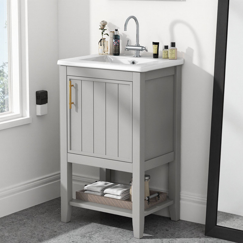 Meuble-lavabo gris 20 po avec lavabo en céramique, porte à fermeture douce et support de rangement, design moderne, Gris