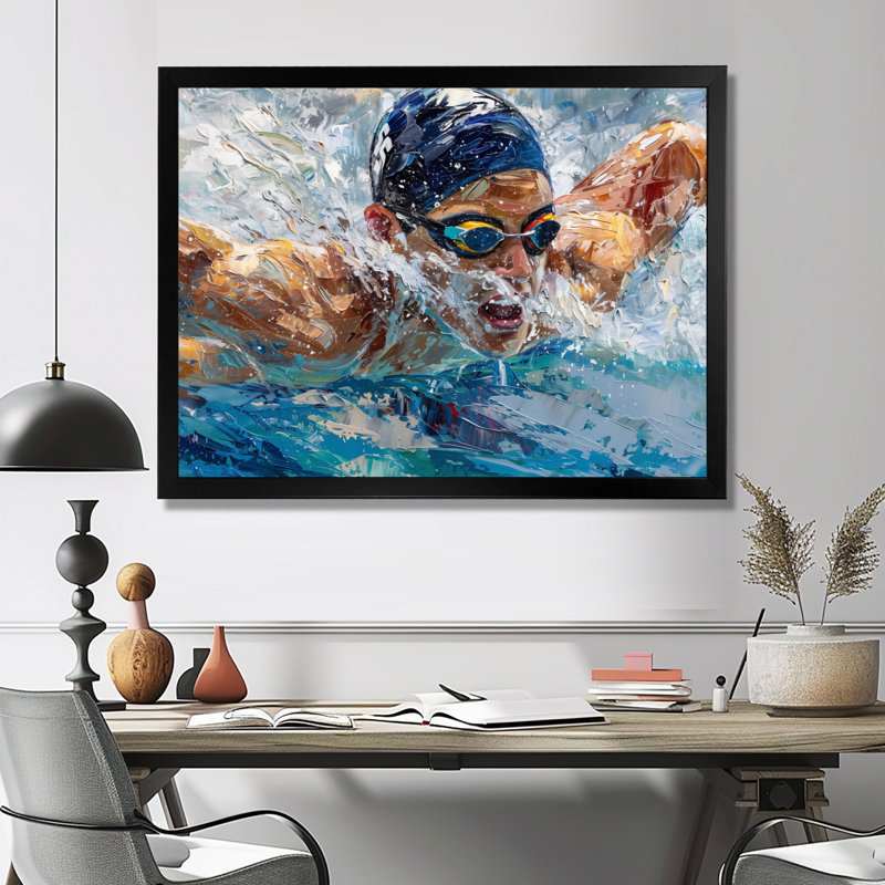 Concours de natation aux Jeux olympiques I - Art mural de natation, Toile encadrée noire simple, H 16 po x l 32 po x P 1 po