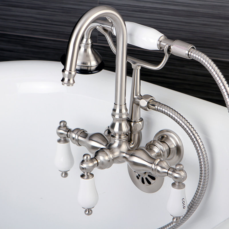 Kingston Brass Aqua Vintage Three-Handle 2-Hole Tub Wall Mount Clawfoot Tub Faucet with Hand Shower, Brushed Nickel
