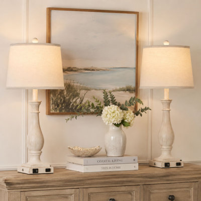 29” Farmhouse Dimmable Bedside Table Lamp Set with Dual USB Ports & LED Bulbs