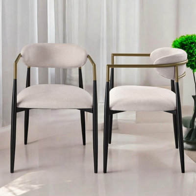 2 Side Chairs - Beige Linen Upholstery, Metal Frame With Black Finish, Marble Top, Comfortable Padded Seats, 19" Seat Dimensions, Outstanding Of Legs,