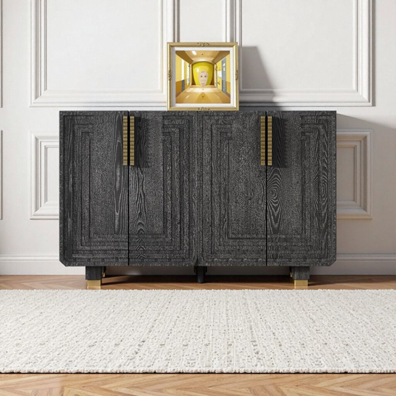 Buffet 54 po rétro noir avec portes cannelées, tablettes réglables et pieds en bois massif