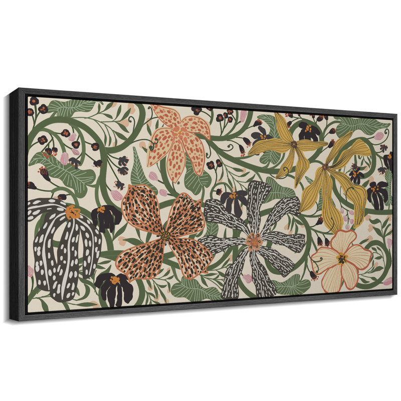 Abstract Green Botanical Flower Art Mid Century Modern Boho Wall Art Horizontal Art Decor, 30" H x 60" W, Black