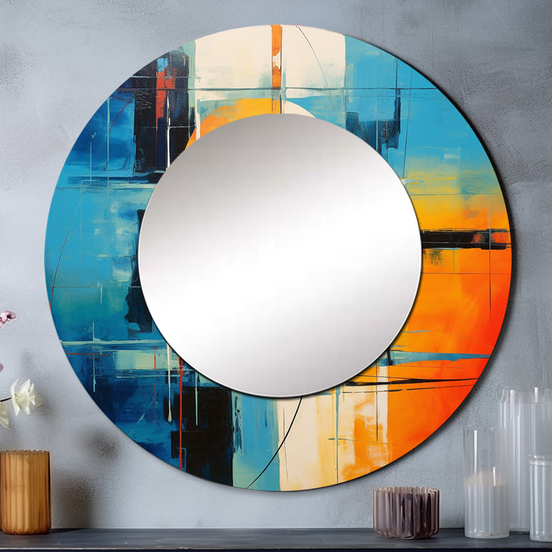 Blue Orange Mid Century Abstract Reflections I - Midcentury Modern Decorative Mirror, Blue Large Round Wall Mirror, Printed Metal Art