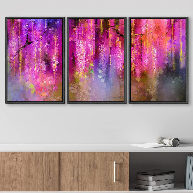 «Mauve et doré, aquarelle et paillettes», 3 pièces sur toile, Cadre flottant noir, H 24 po x l 48 po
