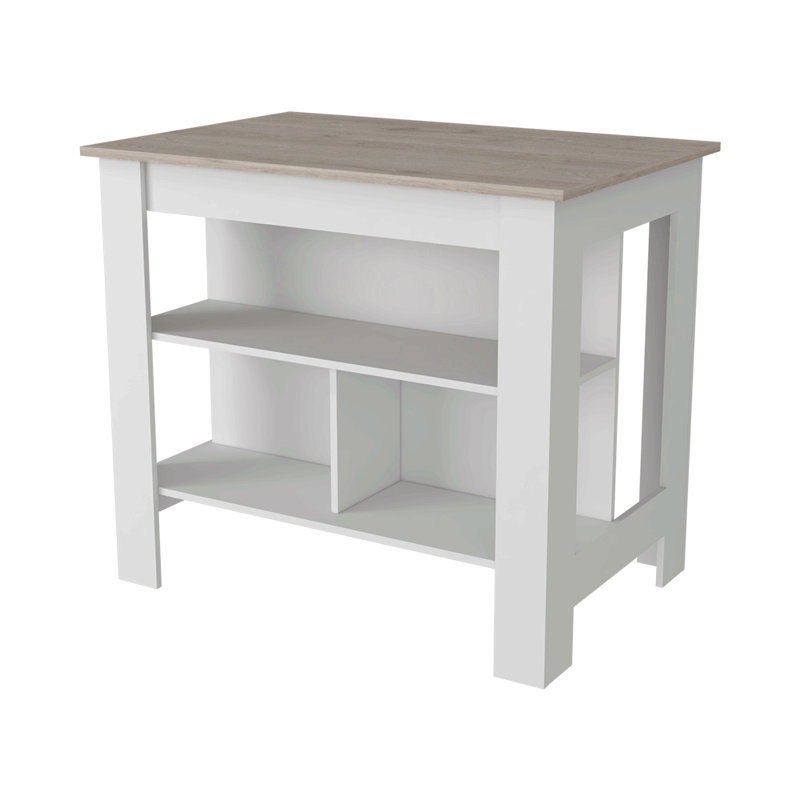 Îlot de cuisine porte antibactérienne, trois tablettes, finition gris clair / blanc