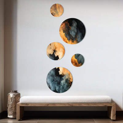 Gris et orange polaire éclat de fumée II - ensemble abstrait d'art mural rond de 5