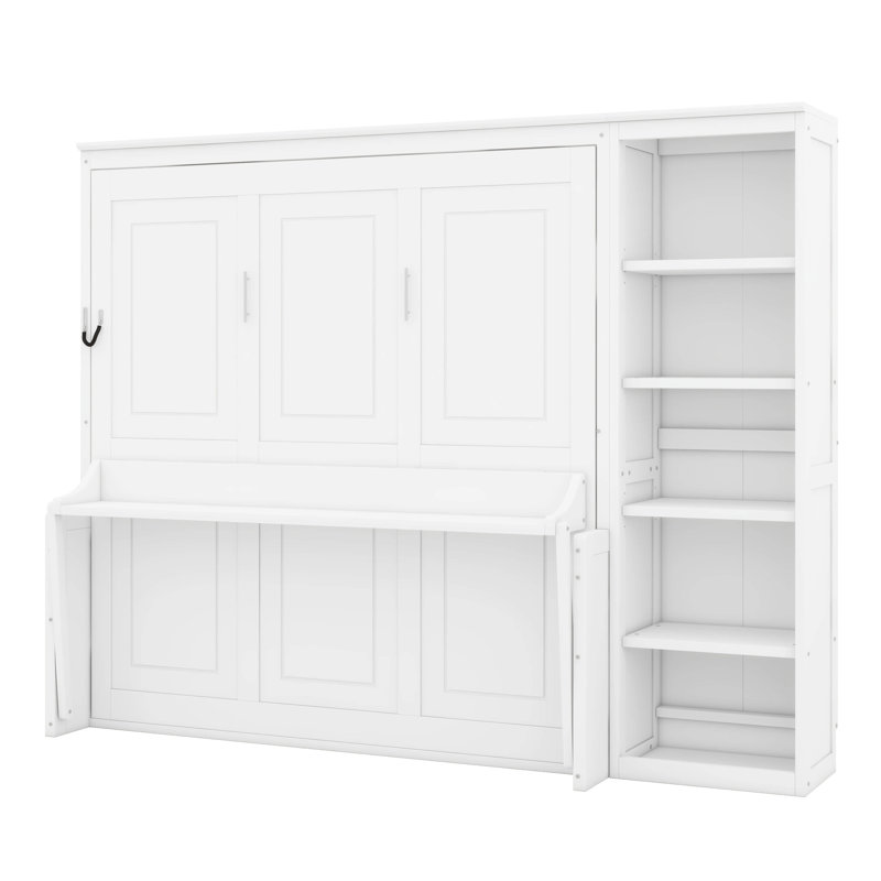 Grand lit escamotable grand format avec bureau et bibliothèque, Blanc, Grand