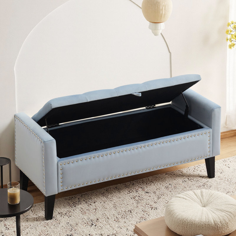 47" W Velvet Upholstered Flip Top Storage Bench, Blue Grey