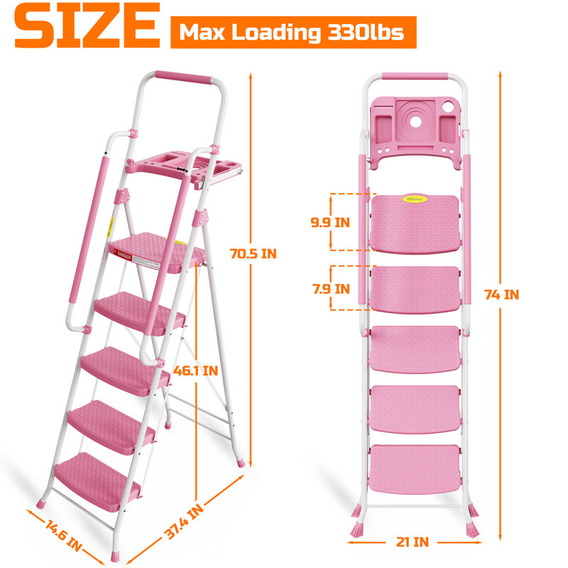 Folding 5-Step Ladder with Handrails and Tool Tray, Anti-Slip Wide Pedal,330Lbs Load Heavy Duty, Portable Steel Step Stool for Kitchen