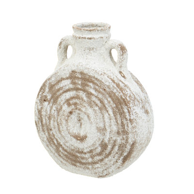 7.5x3x9" Round Ceramic Vase with Worn White and Brown Finish