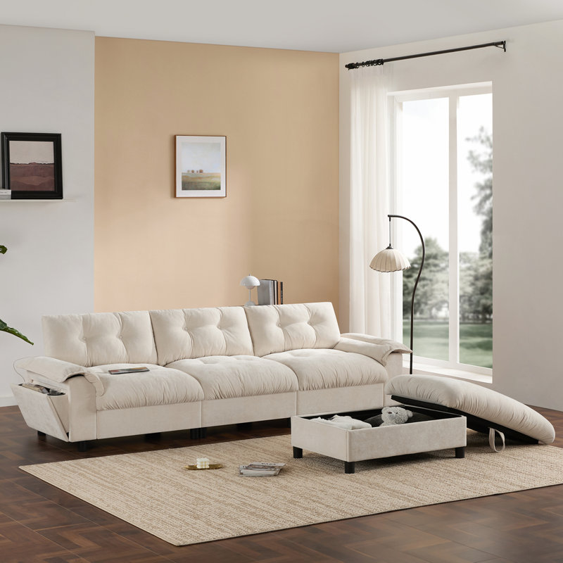 Canapé modulaire en L avec accoudoirs multifonctionnels, charge à deux ports, porte-gobelet, poches latérales et repose-pieds de rangement mobile, coussins en chenille doux en 3 couleurs